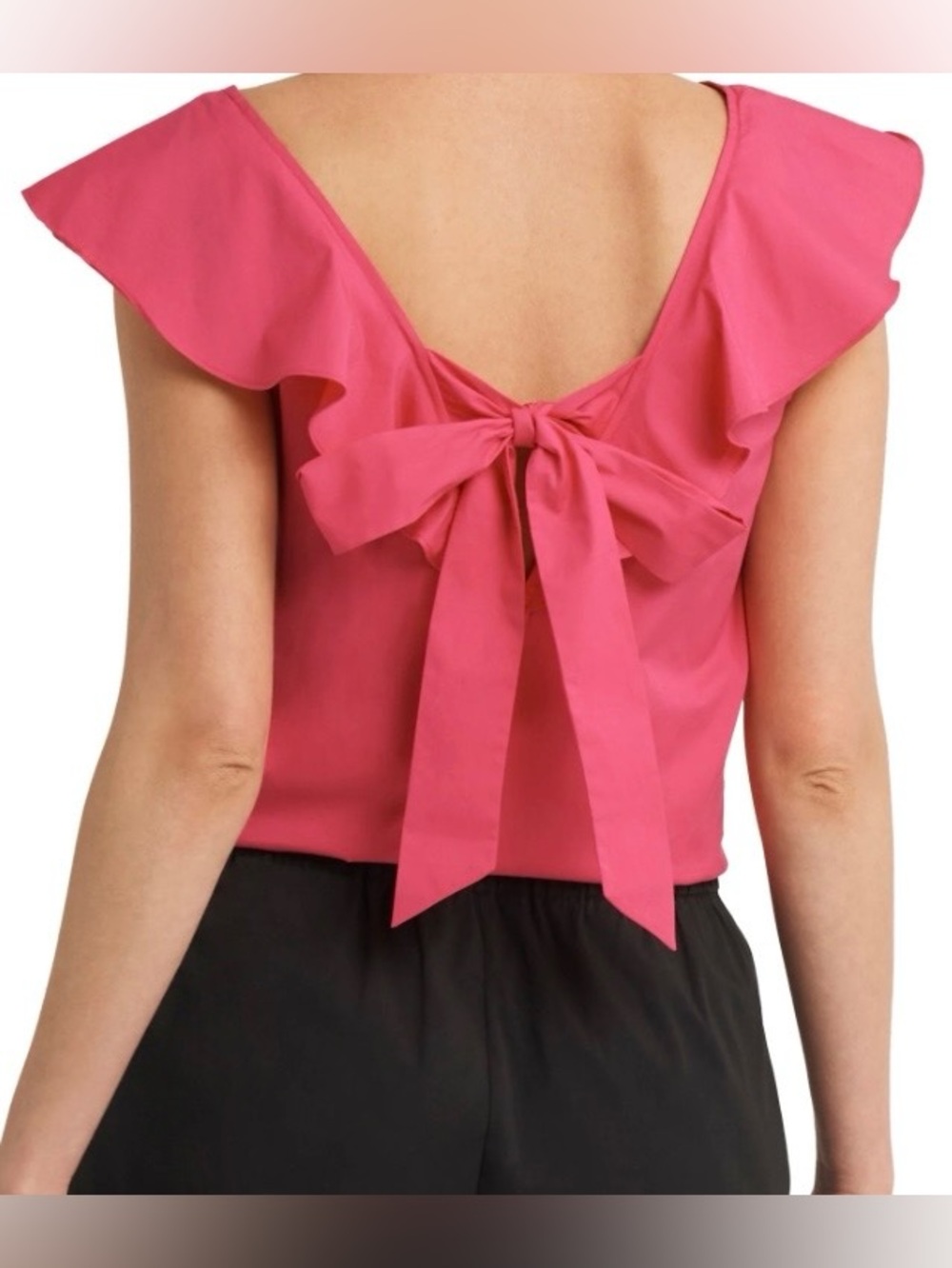 Vibrant Pink H by Halston Cotton Blouse with Ruffle Sleeves, Tie Back